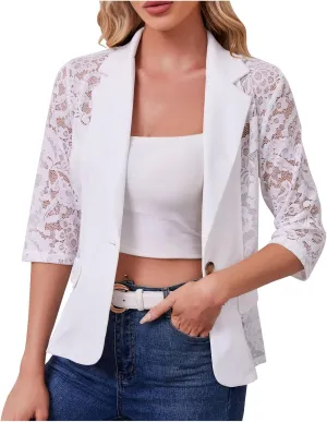 Women's 3/4 Sleeve Lace Bolero Shrugs Sheer Mesh Open Front Cardigan Notch Lapel One Button Blazer Jacket