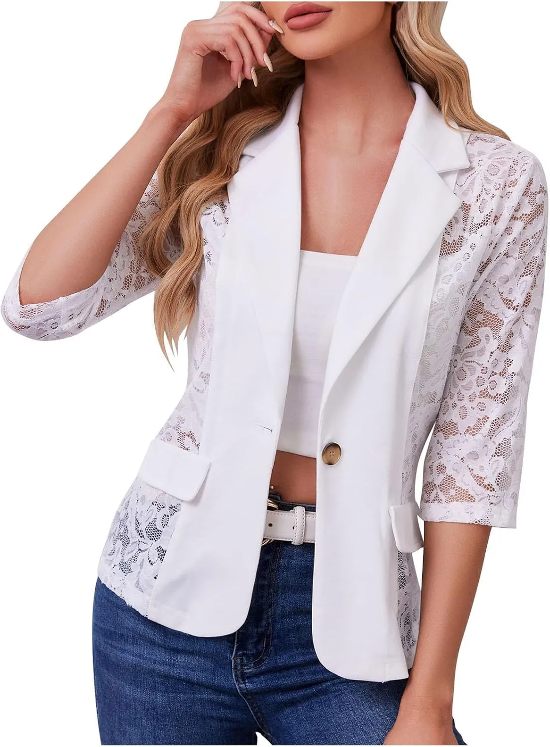 Women's 3/4 Sleeve Lace Bolero Shrugs Sheer Mesh Open Front Cardigan Notch Lapel One Button Blazer Jacket
