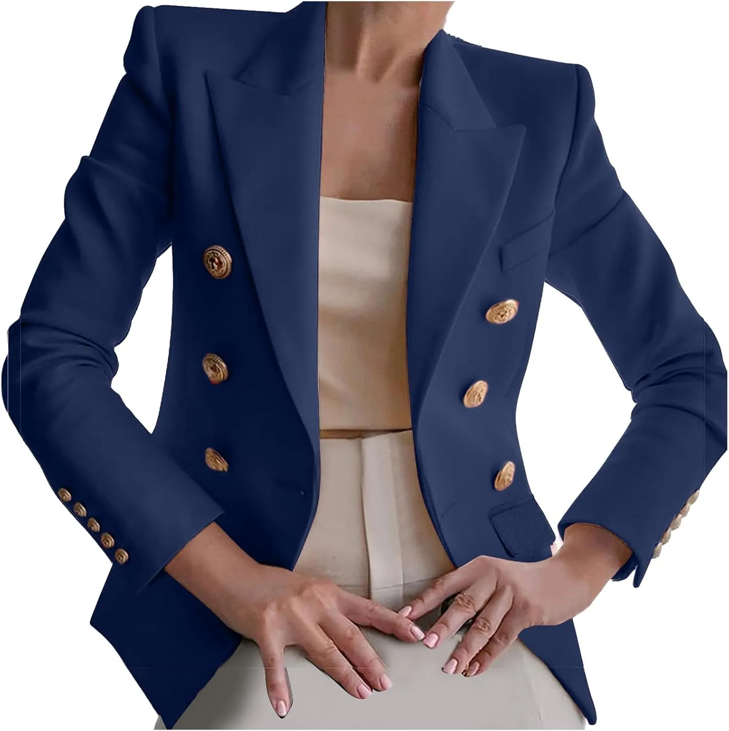 Women's Blazer Gold Casual Button Long Sleeve Work 0ffice Blazer Lightweight Open Front Lapel Jackets Trendy Clothes