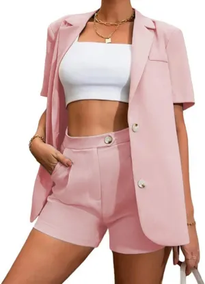 Women's Blazer Shorts Set 2 Piece Outfits Open Front Short Sleeve Blazer Jacket with Shorts Business Office Plain Suits