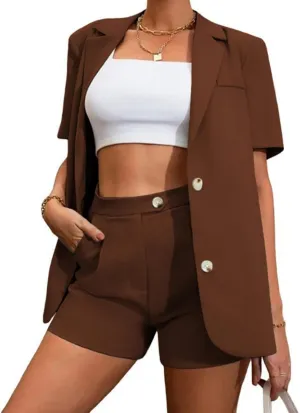 Women's Blazer Shorts Set 2 Piece Outfits Open Front Short Sleeve Blazer Jacket with Shorts Business Office Plain Suits