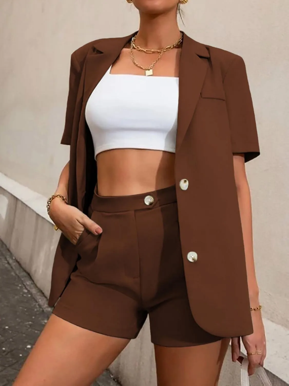 Women's Blazer Shorts Set 2 Piece Outfits Open Front Short Sleeve Blazer Jacket with Shorts Business Office Plain Suits