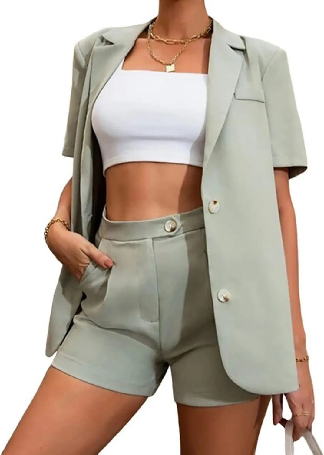 Women's Blazer Shorts Set 2 Piece Outfits Open Front Short Sleeve Blazer Jacket with Shorts Business Office Plain Suits