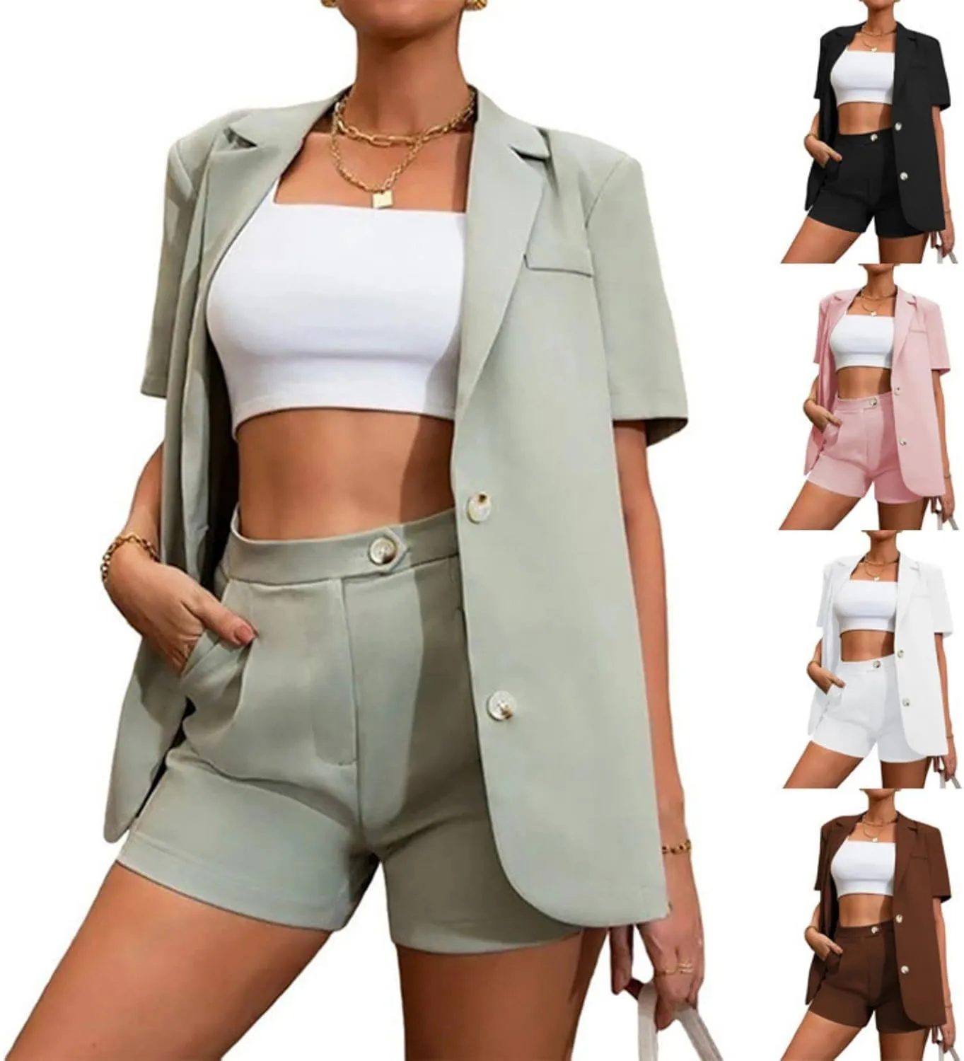Women's Blazer Shorts Set 2 Piece Outfits Open Front Short Sleeve Blazer Jacket with Shorts Business Office Plain Suits