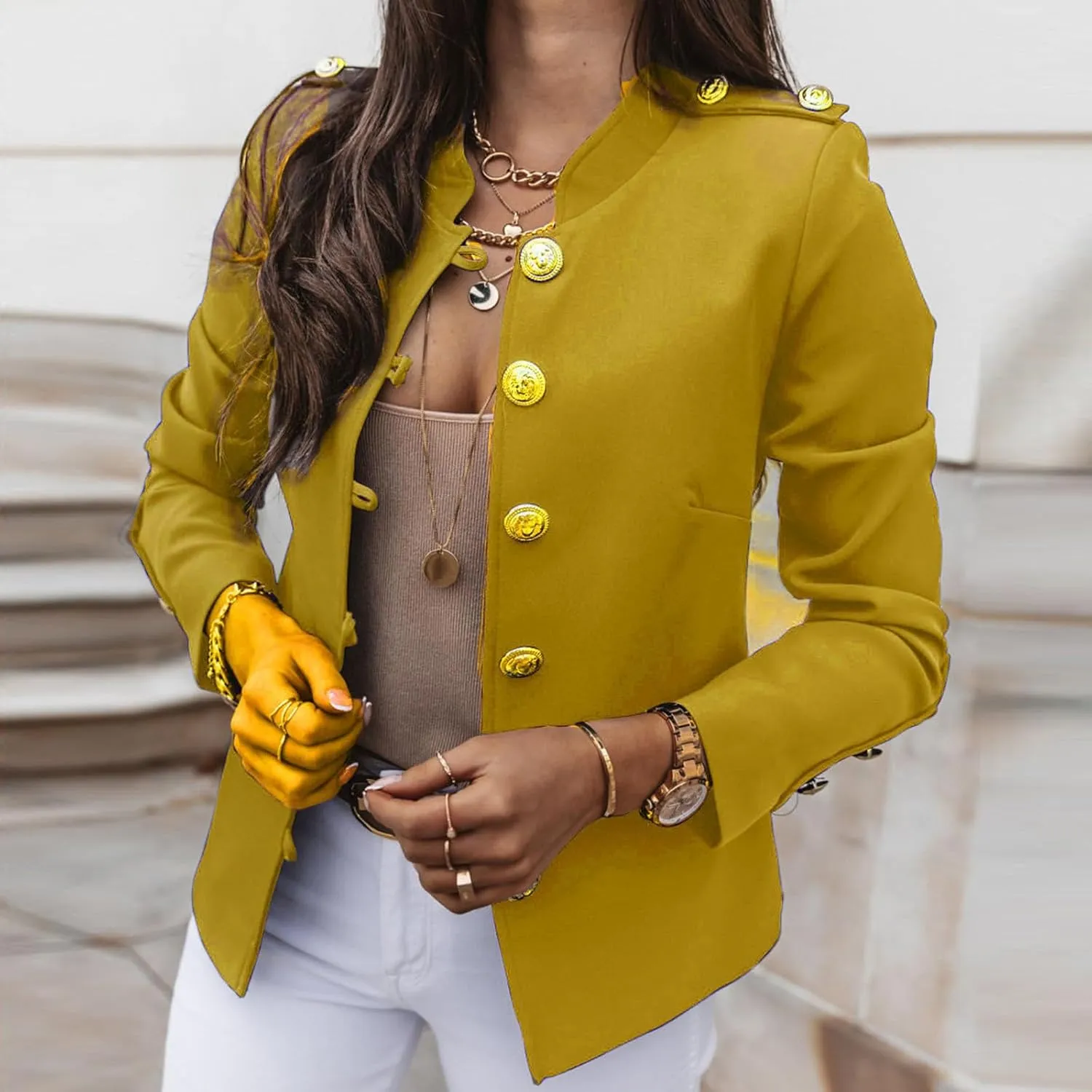 Womens Breasted Style Blazer Mock Neck Button Up Long Sleeve Suit Jacket Open Front Dressy Fitted Coat for Going Out
