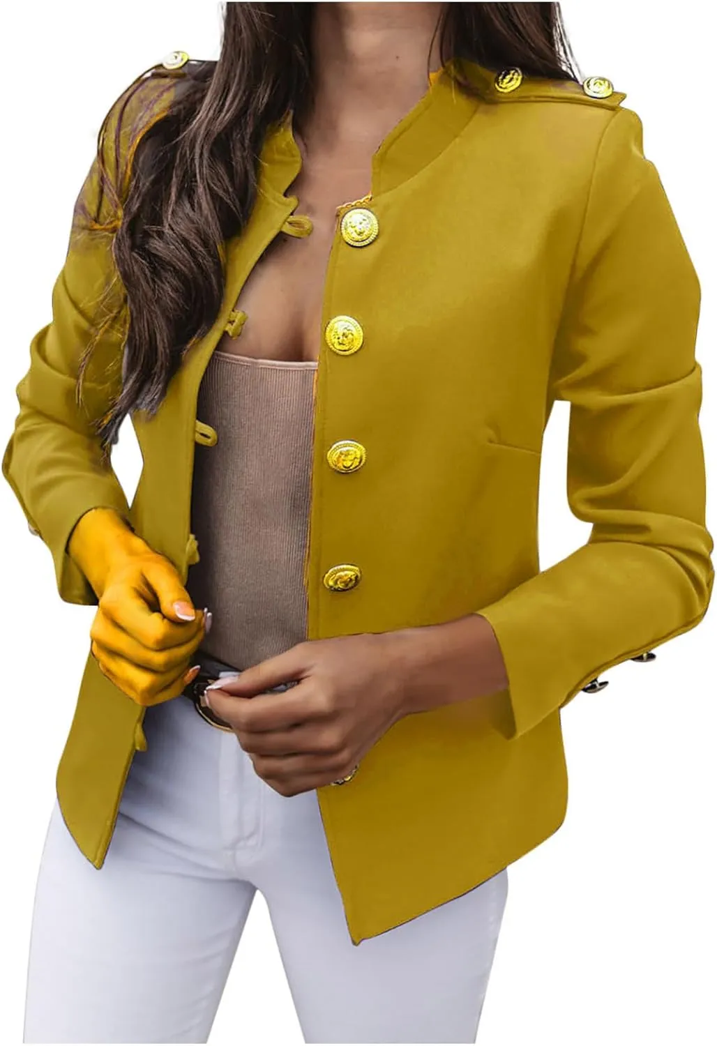 Womens Breasted Style Blazer Mock Neck Button Up Long Sleeve Suit Jacket Open Front Dressy Fitted Coat for Going Out