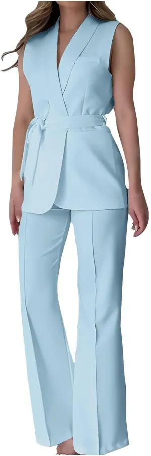 Women's Business 2 Piece Outfits Sleeveless V Neck Blazer Vest and Wide Leg Pant Sets Office Work Clothes with Belt