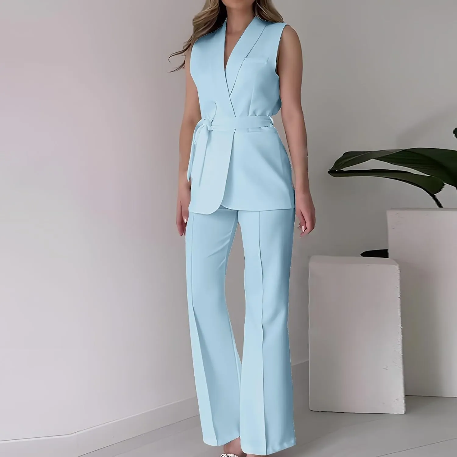 Women's Business 2 Piece Outfits Sleeveless V Neck Blazer Vest and Wide Leg Pant Sets Office Work Clothes with Belt