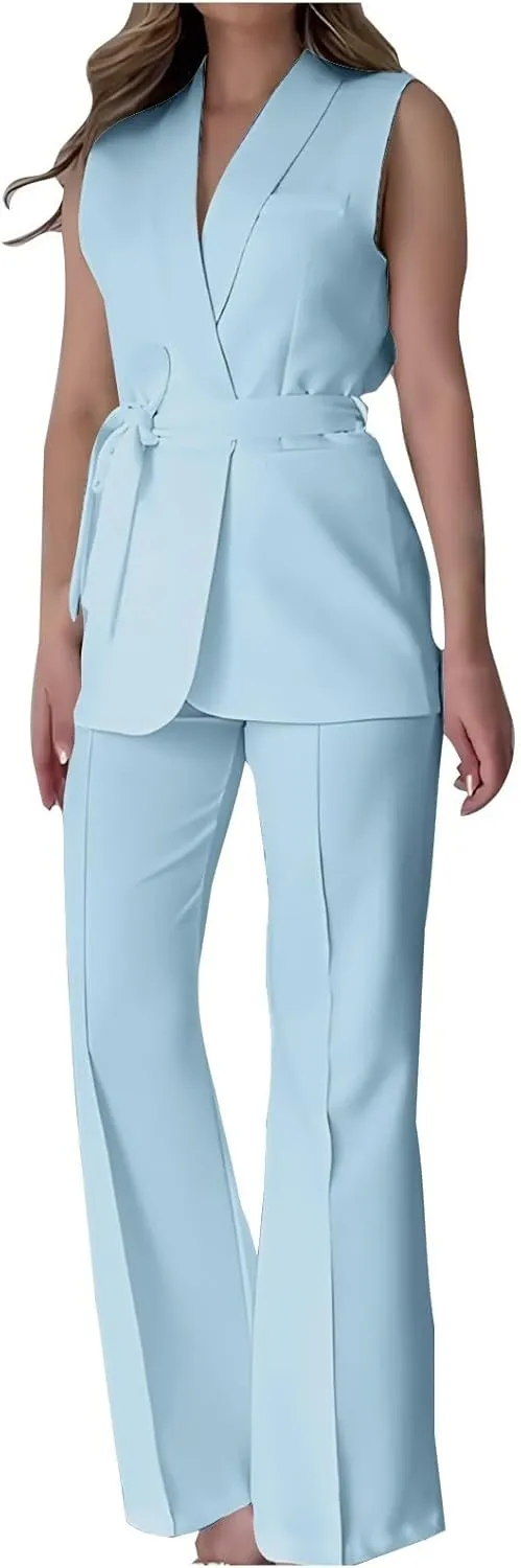 Women's Business 2 Piece Outfits Sleeveless V Neck Blazer Vest and Wide Leg Pant Sets Office Work Clothes with Belt