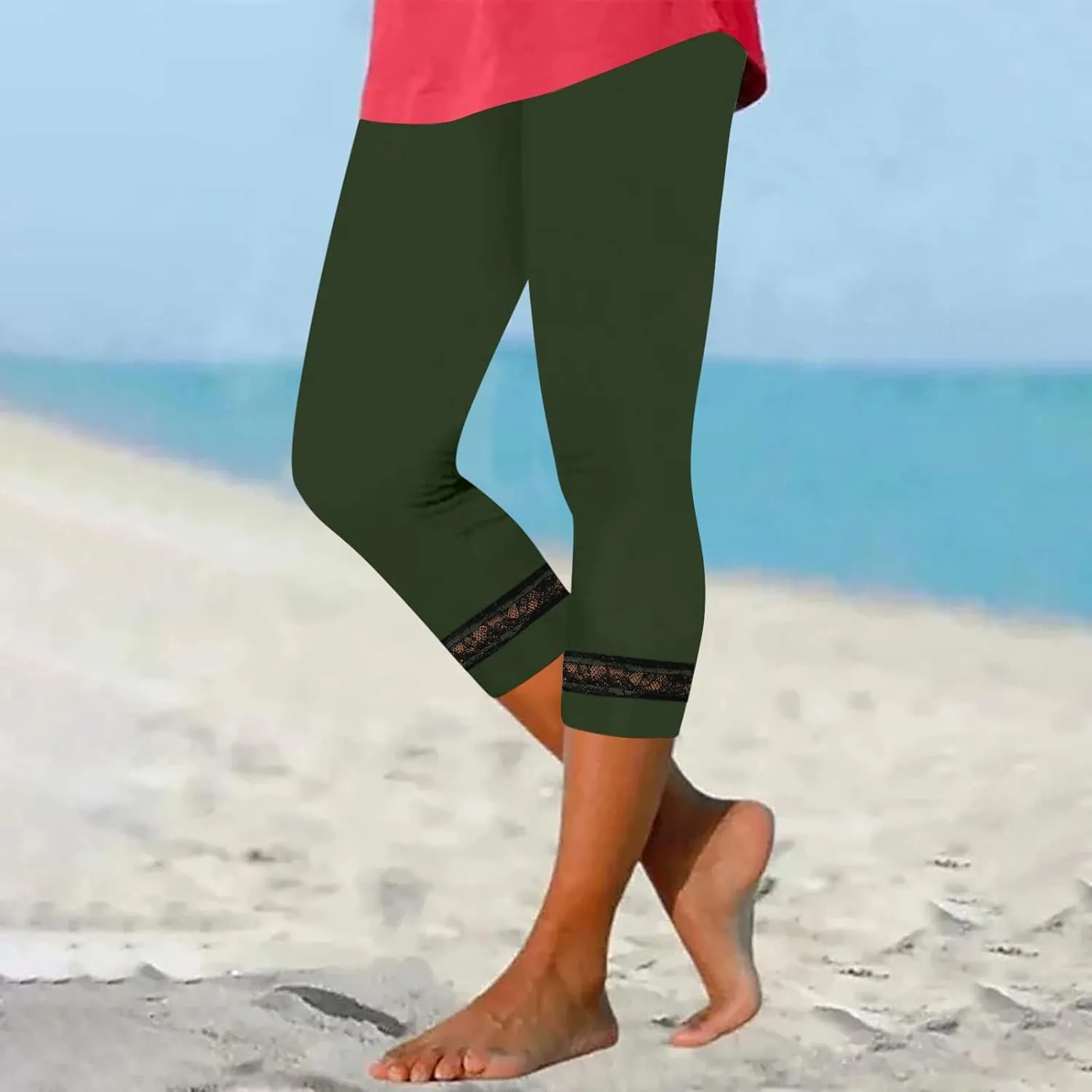 Women's Capri Pants 2025 Fashion High Waist Slim Yoga Pants Casual Elastic Waist Solid Lace Summer Capris Trousers