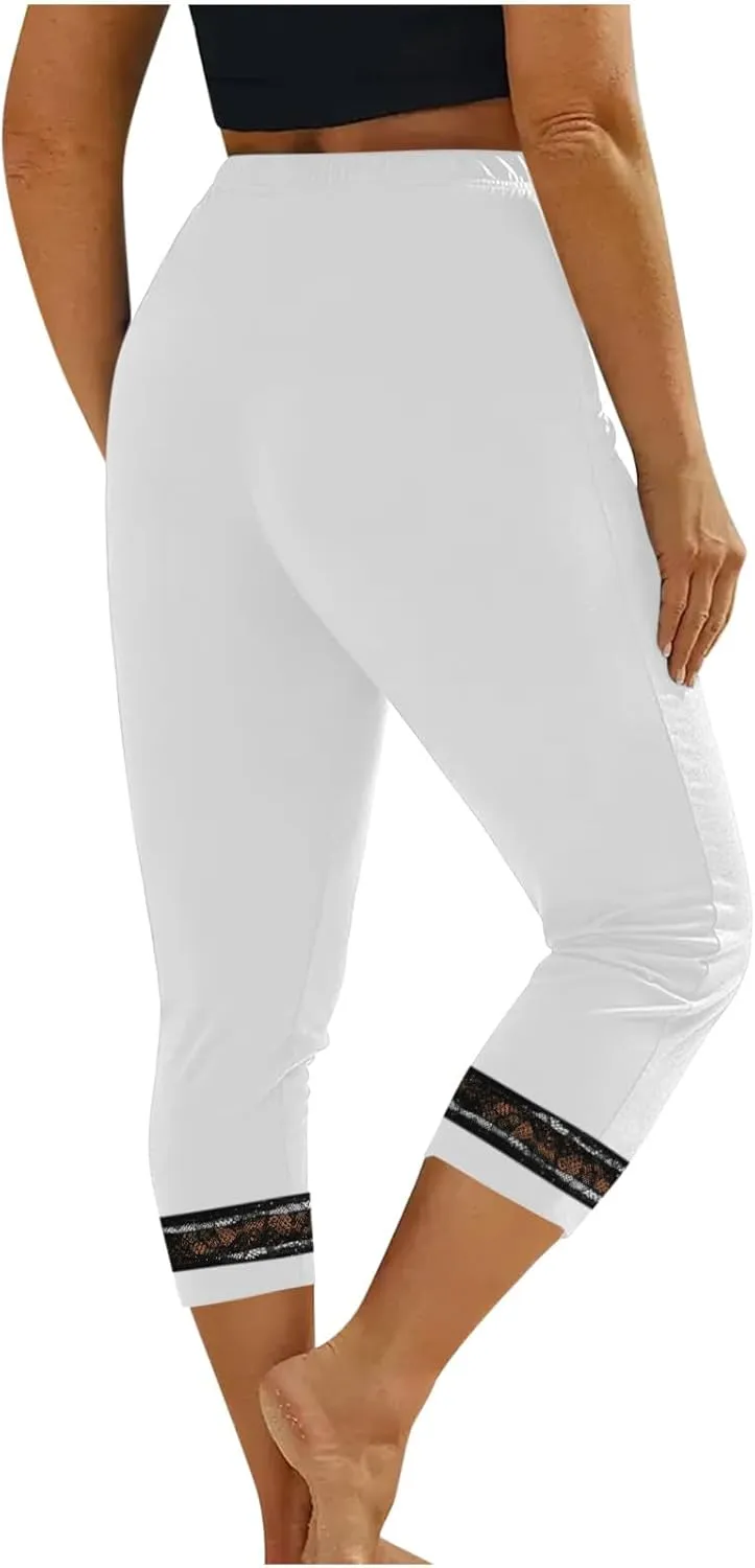 Women's Capri Pants 2025 Fashion High Waist Slim Yoga Pants Casual Elastic Waist Solid Lace Summer Capris Trousers