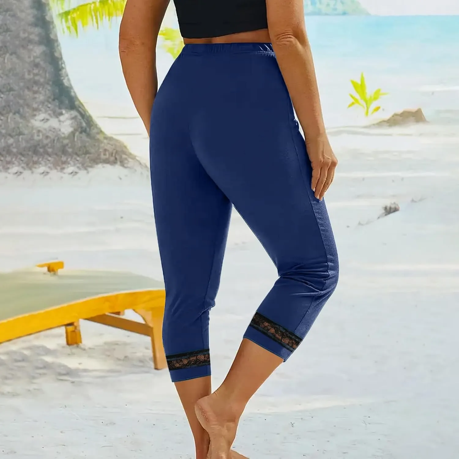 Women's Capri Pants 2025 Fashion High Waist Slim Yoga Pants Casual Elastic Waist Solid Lace Summer Capris Trousers