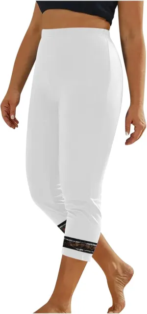 Women's Capri Pants 2025 Fashion High Waist Slim Yoga Pants Casual Elastic Waist Solid Lace Summer Capris Trousers