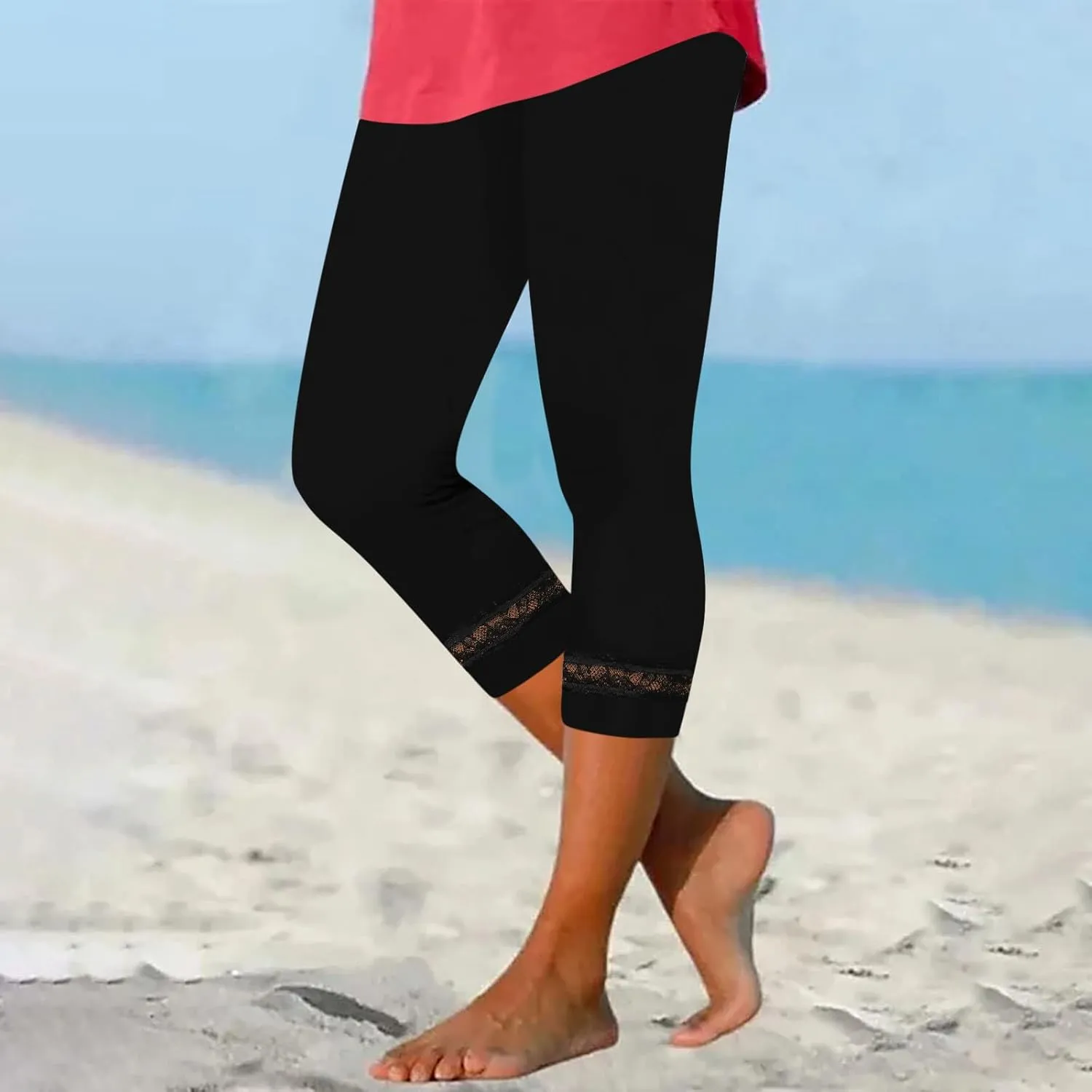Women's Capri Pants 2025 Fashion High Waist Slim Yoga Pants Casual Elastic Waist Solid Lace Summer Capris Trousers