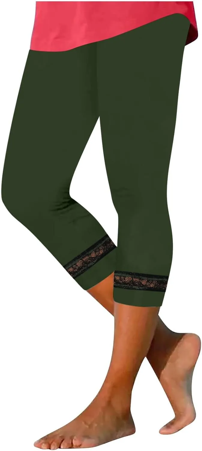 Women's Capri Pants 2025 Fashion High Waist Slim Yoga Pants Casual Elastic Waist Solid Lace Summer Capris Trousers