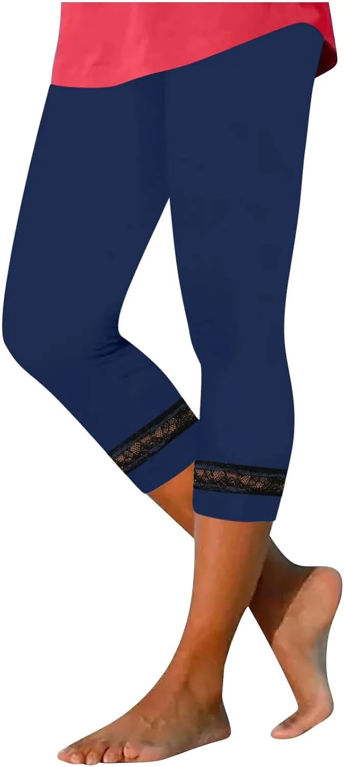 Women's Capri Pants 2025 Fashion High Waist Slim Yoga Pants Casual Elastic Waist Solid Lace Summer Capris Trousers