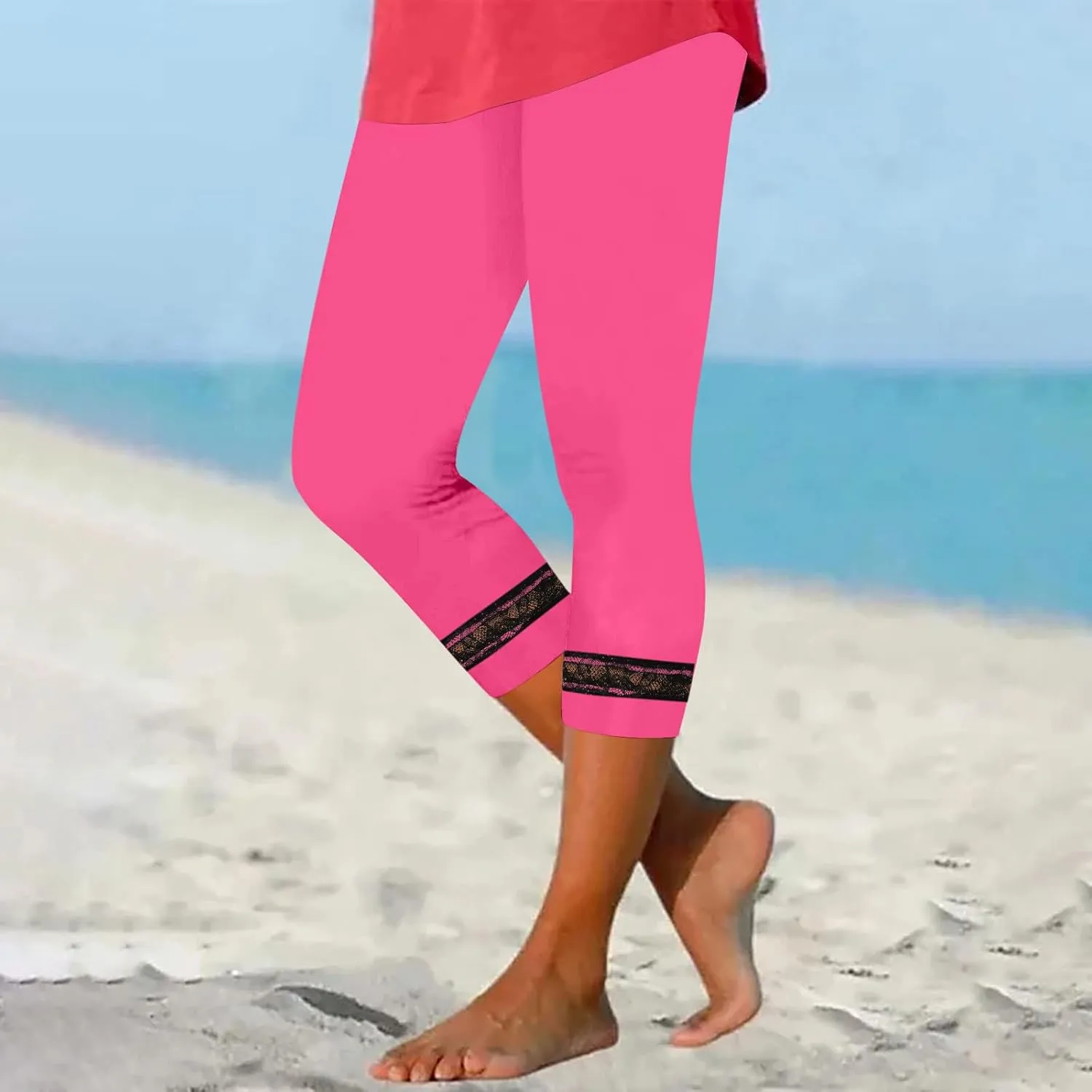 Women's Capri Pants 2025 Fashion High Waist Slim Yoga Pants Casual Elastic Waist Solid Lace Summer Capris Trousers