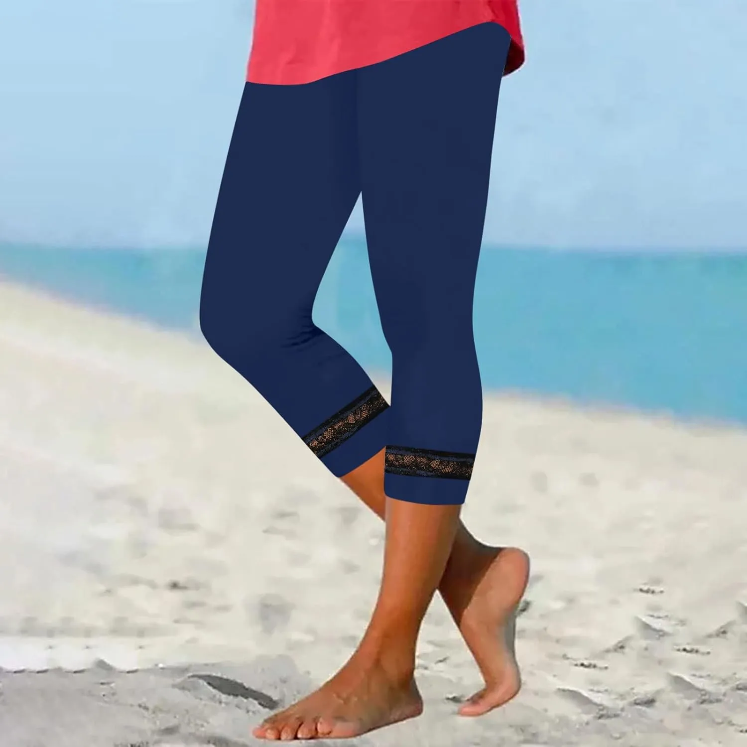 Women's Capri Pants 2025 Fashion High Waist Slim Yoga Pants Casual Elastic Waist Solid Lace Summer Capris Trousers