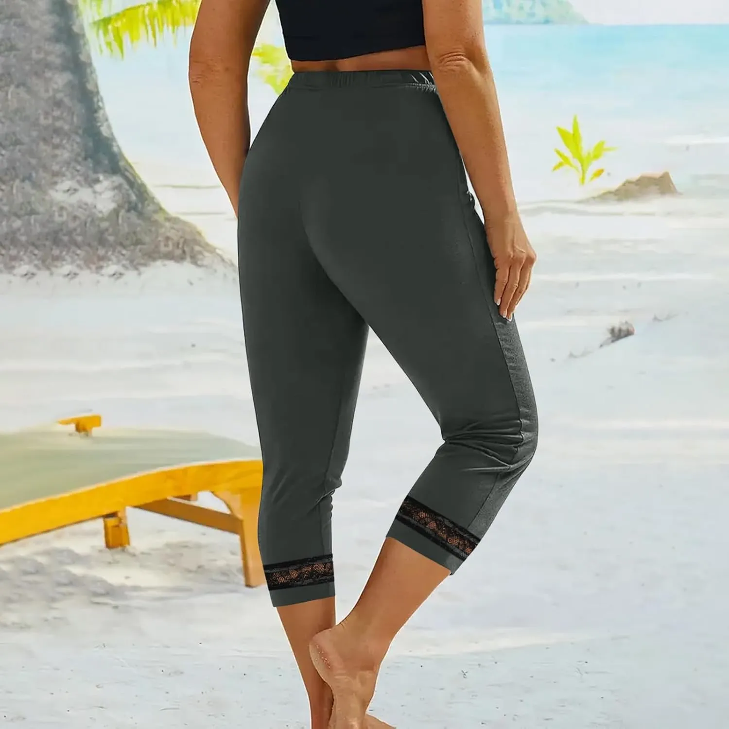 Women's Capri Pants 2025 Fashion High Waist Slim Yoga Pants Casual Elastic Waist Solid Lace Summer Capris Trousers