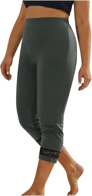 Women's Capri Pants 2025 Fashion High Waist Slim Yoga Pants Casual Elastic Waist Solid Lace Summer Capris Trousers