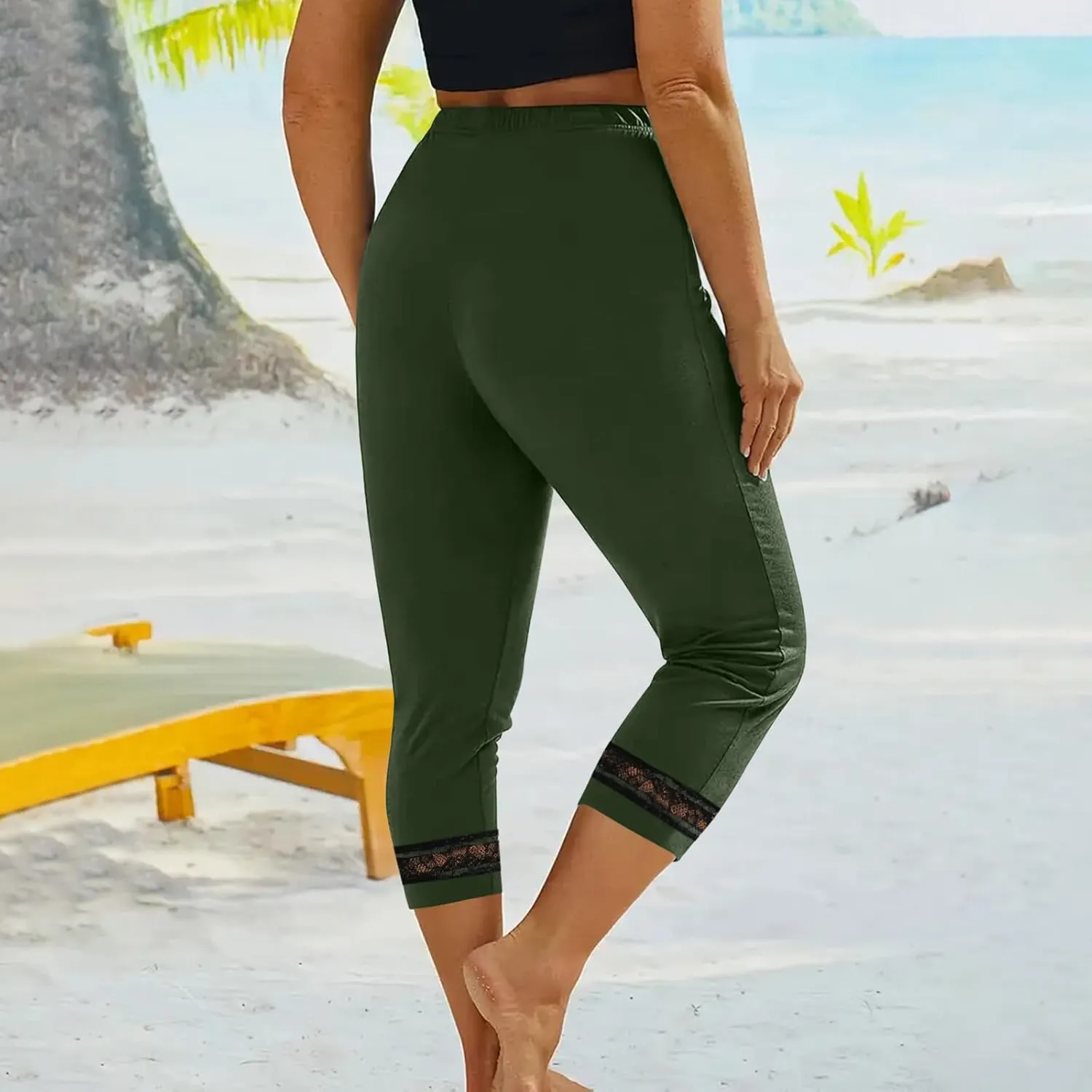 Women's Capri Pants 2025 Fashion High Waist Slim Yoga Pants Casual Elastic Waist Solid Lace Summer Capris Trousers