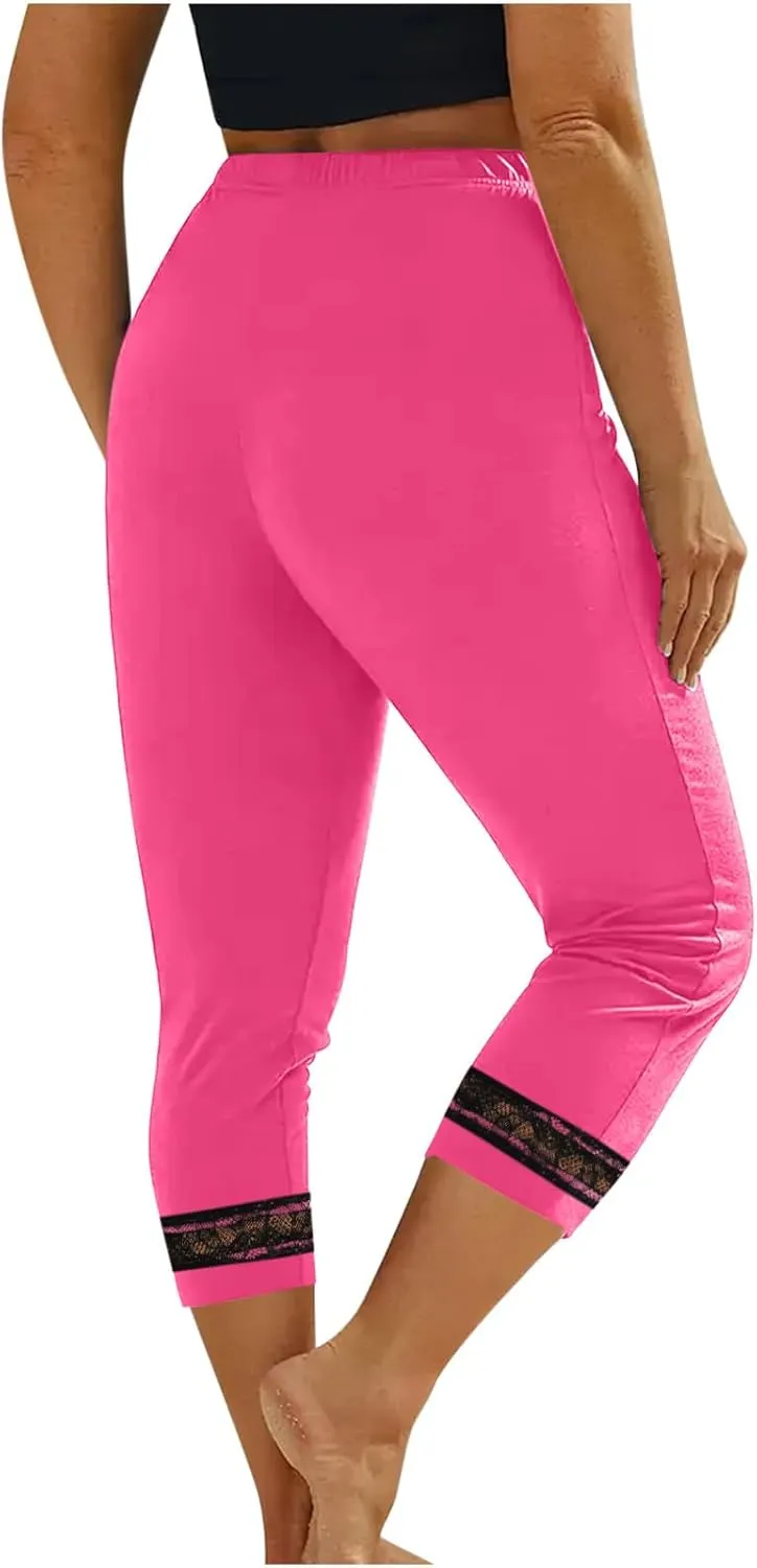 Women's Capri Pants 2025 Fashion High Waist Slim Yoga Pants Casual Elastic Waist Solid Lace Summer Capris Trousers