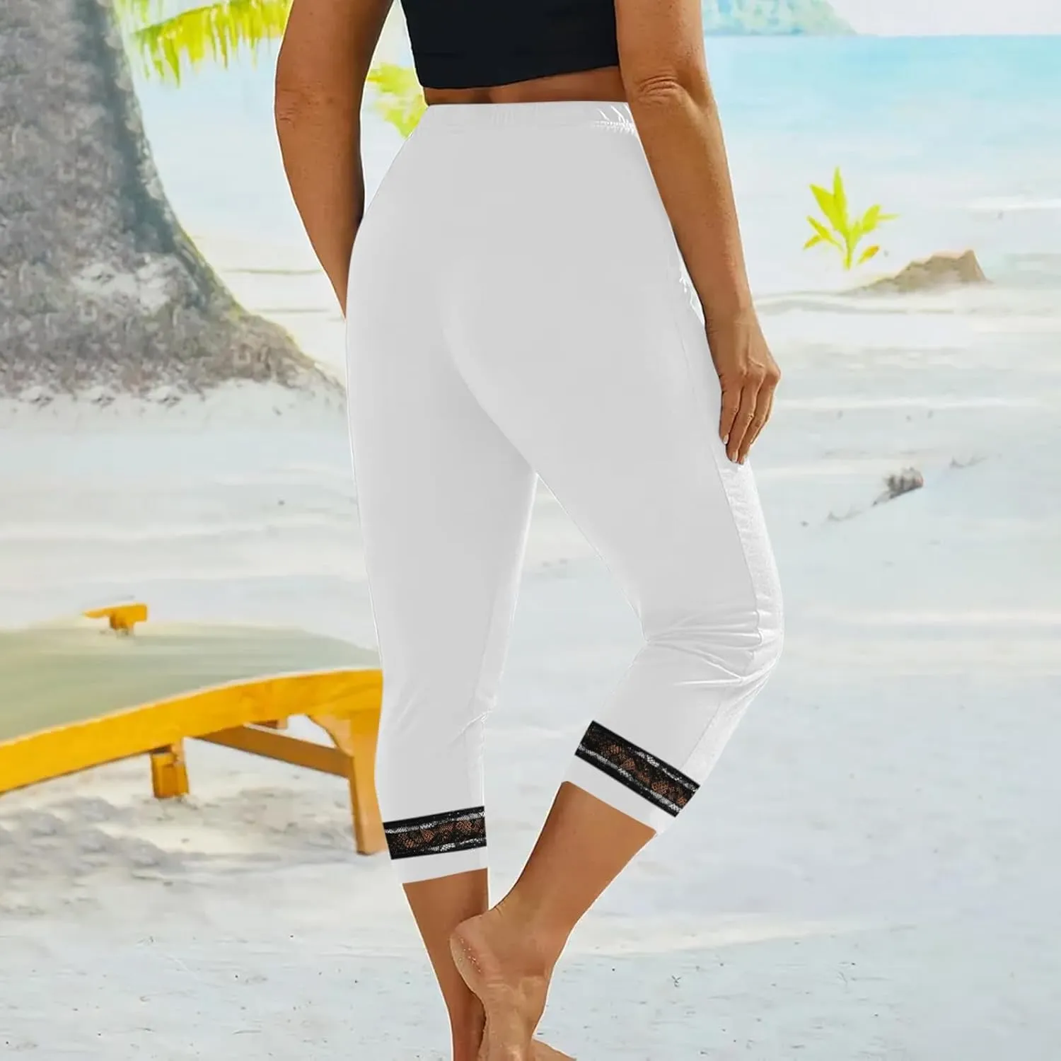 Women's Capri Pants 2025 Fashion High Waist Slim Yoga Pants Casual Elastic Waist Solid Lace Summer Capris Trousers