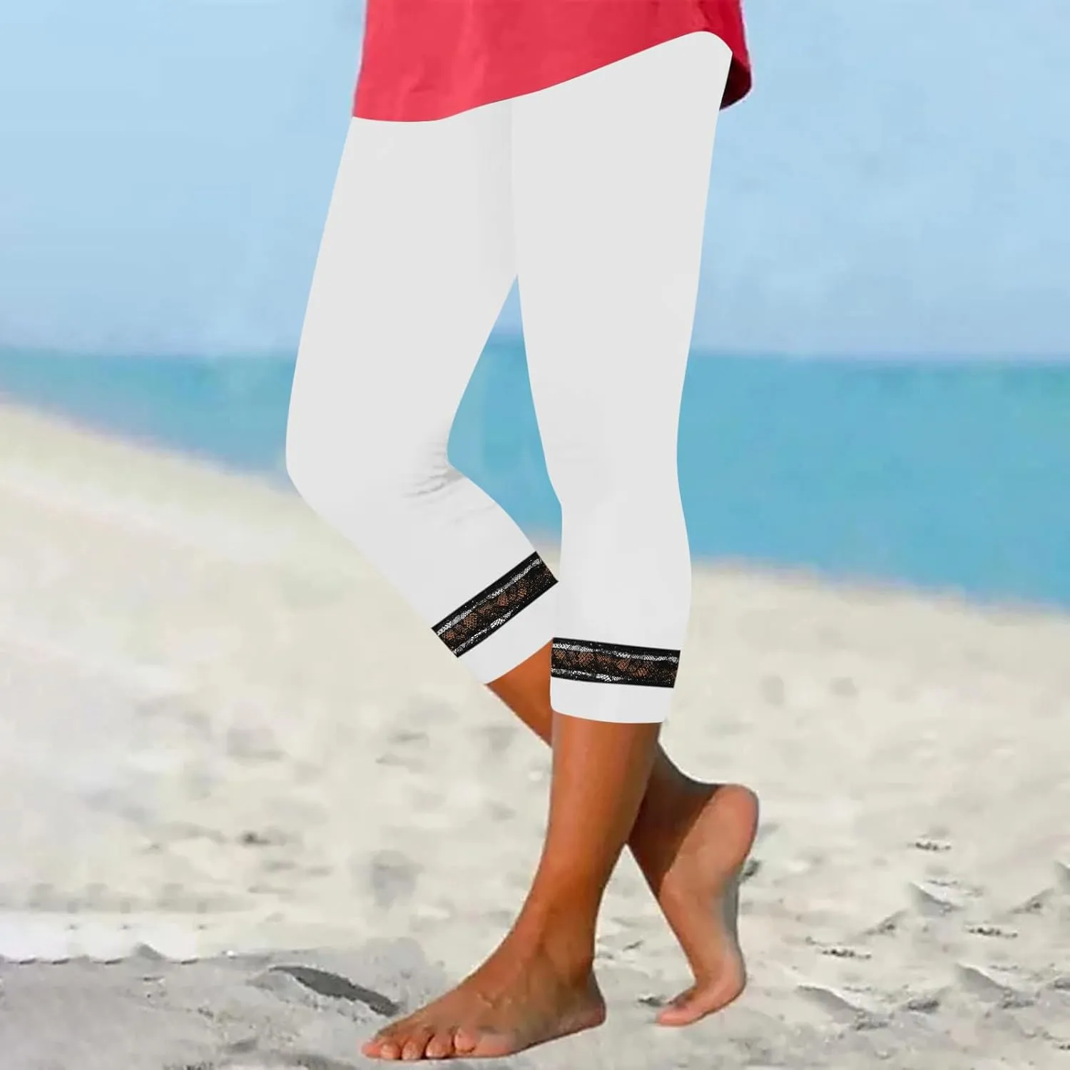 Women's Capri Pants 2025 Fashion High Waist Slim Yoga Pants Casual Elastic Waist Solid Lace Summer Capris Trousers