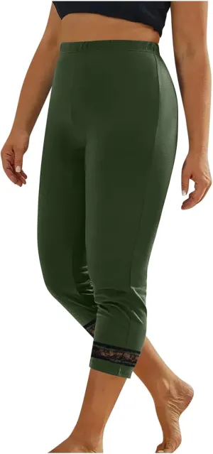 Women's Capri Pants 2025 Fashion High Waist Slim Yoga Pants Casual Elastic Waist Solid Lace Summer Capris Trousers