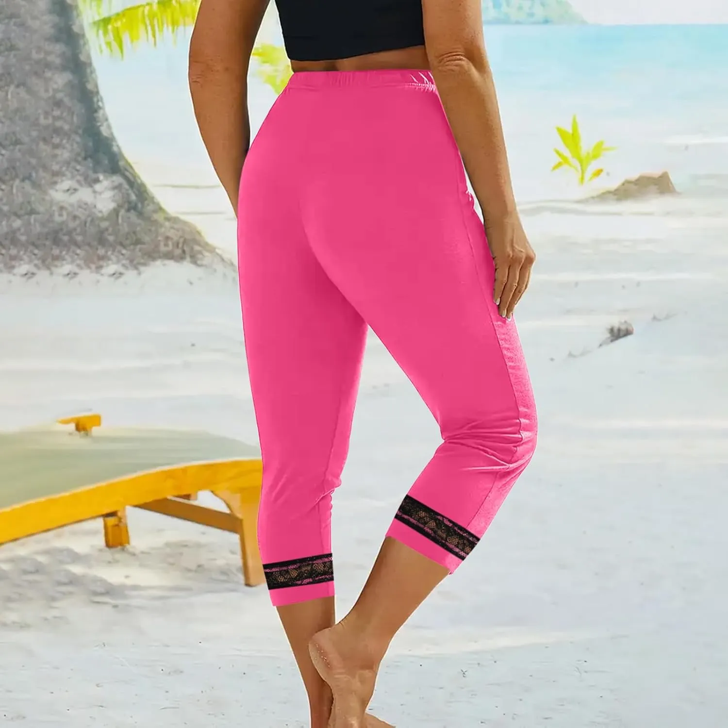 Women's Capri Pants 2025 Fashion High Waist Slim Yoga Pants Casual Elastic Waist Solid Lace Summer Capris Trousers