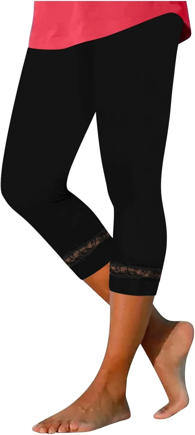 Women's Capri Pants 2025 Fashion High Waist Slim Yoga Pants Casual Elastic Waist Solid Lace Summer Capris Trousers