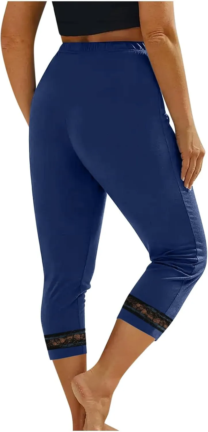 Women's Capri Pants 2025 Fashion High Waist Slim Yoga Pants Casual Elastic Waist Solid Lace Summer Capris Trousers