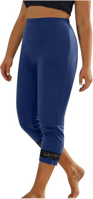 Women's Capri Pants 2025 Fashion High Waist Slim Yoga Pants Casual Elastic Waist Solid Lace Summer Capris Trousers
