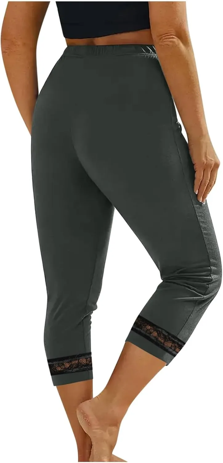 Women's Capri Pants 2025 Fashion High Waist Slim Yoga Pants Casual Elastic Waist Solid Lace Summer Capris Trousers