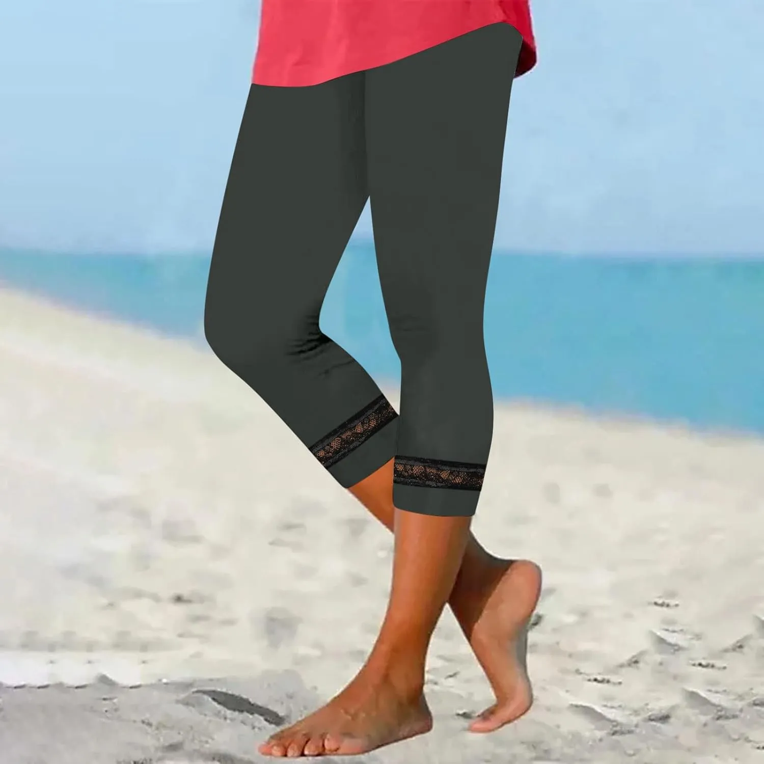 Women's Capri Pants 2025 Fashion High Waist Slim Yoga Pants Casual Elastic Waist Solid Lace Summer Capris Trousers