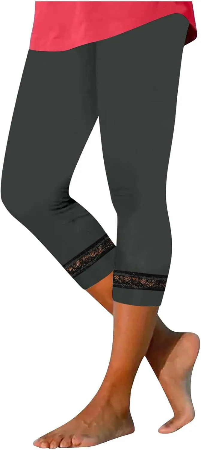 Women's Capri Pants 2025 Fashion High Waist Slim Yoga Pants Casual Elastic Waist Solid Lace Summer Capris Trousers