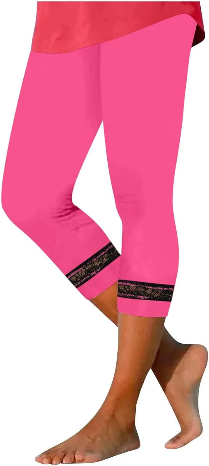 Women's Capri Pants 2025 Fashion High Waist Slim Yoga Pants Casual Elastic Waist Solid Lace Summer Capris Trousers