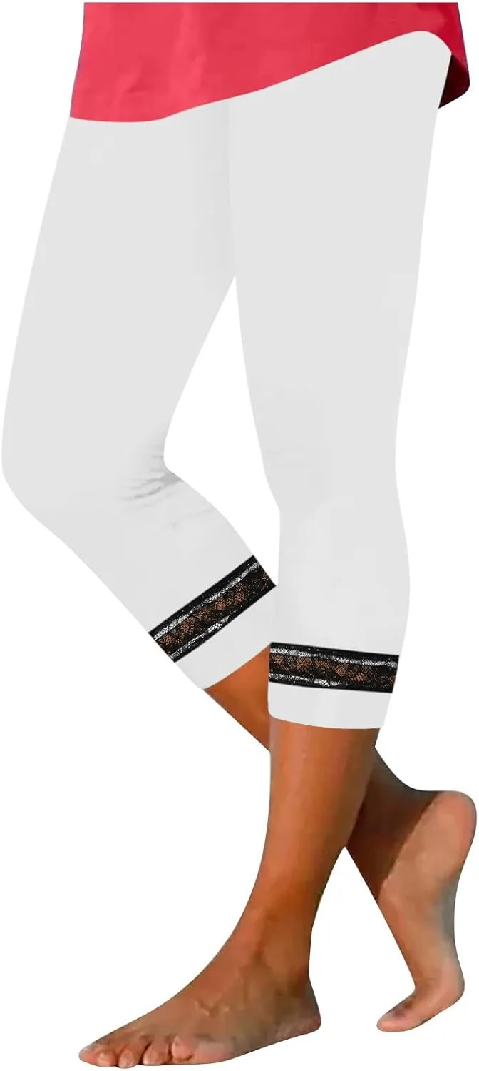 Women's Capri Pants 2025 Fashion High Waist Slim Yoga Pants Casual Elastic Waist Solid Lace Summer Capris Trousers
