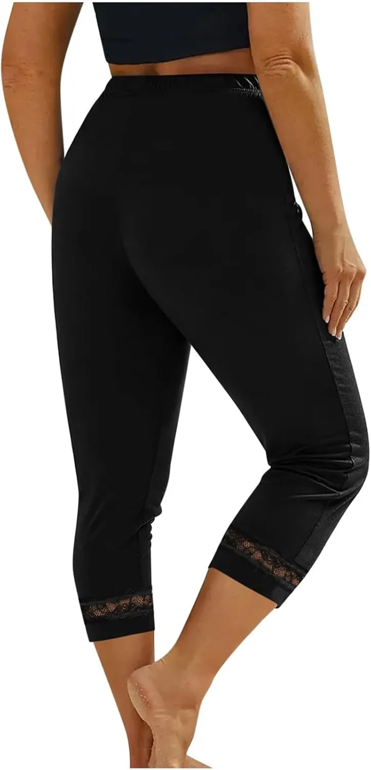 Women's Capri Pants 2025 Fashion High Waist Slim Yoga Pants Casual Elastic Waist Solid Lace Summer Capris Trousers