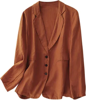Womens Casual Button Down Linen Blazer Jackets Lapel Long Sleeve Suit Blazer Vintage Lightweight Unlined Suit Jacket