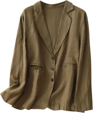 Womens Casual Button Down Linen Blazer Jackets Lapel Long Sleeve Suit Blazer Vintage Lightweight Unlined Suit Jacket