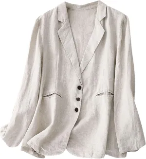 Womens Casual Button Down Linen Blazer Jackets Lapel Long Sleeve Suit Blazer Vintage Lightweight Unlined Suit Jacket