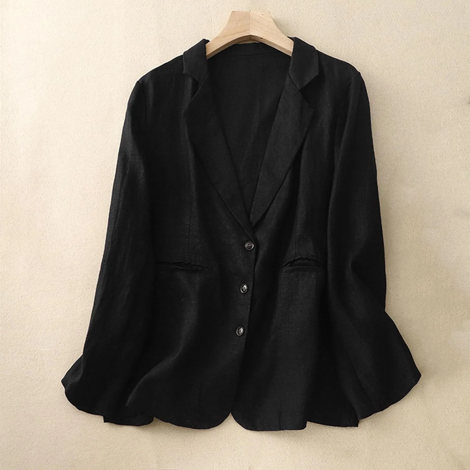 Womens Casual Button Down Linen Blazer Jackets Lapel Long Sleeve Suit Blazer Vintage Lightweight Unlined Suit Jacket