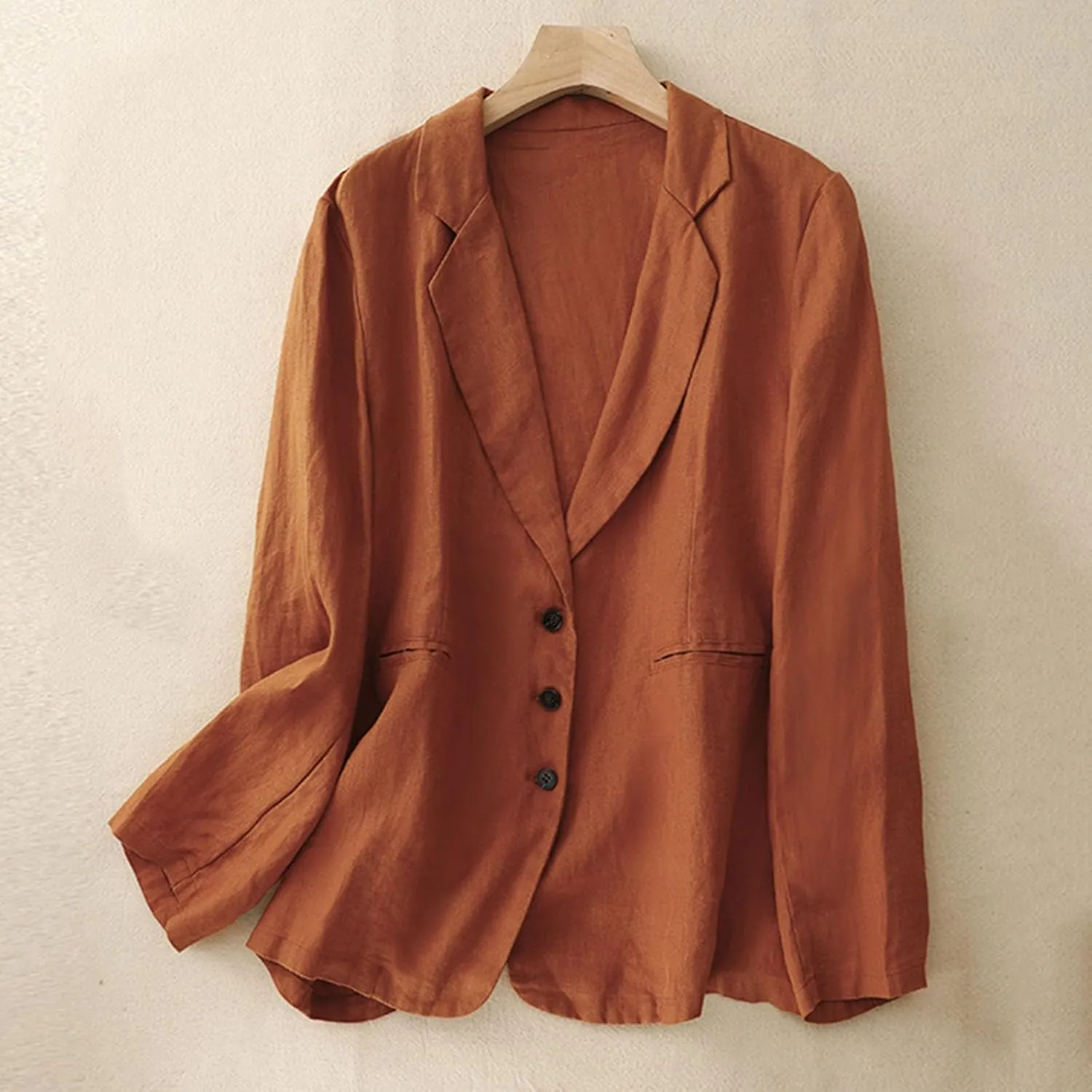 Womens Casual Button Down Linen Blazer Jackets Lapel Long Sleeve Suit Blazer Vintage Lightweight Unlined Suit Jacket