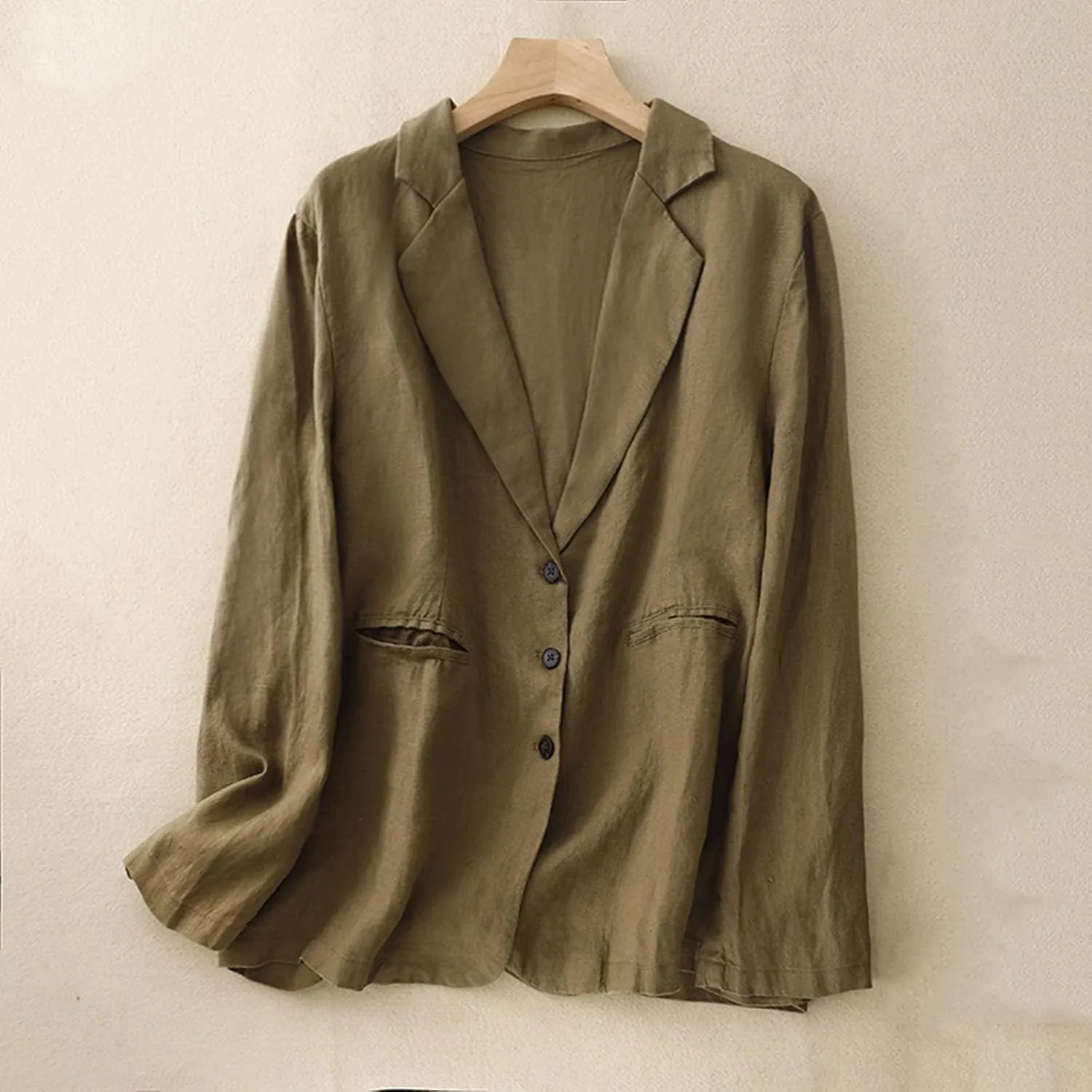 Womens Casual Button Down Linen Blazer Jackets Lapel Long Sleeve Suit Blazer Vintage Lightweight Unlined Suit Jacket