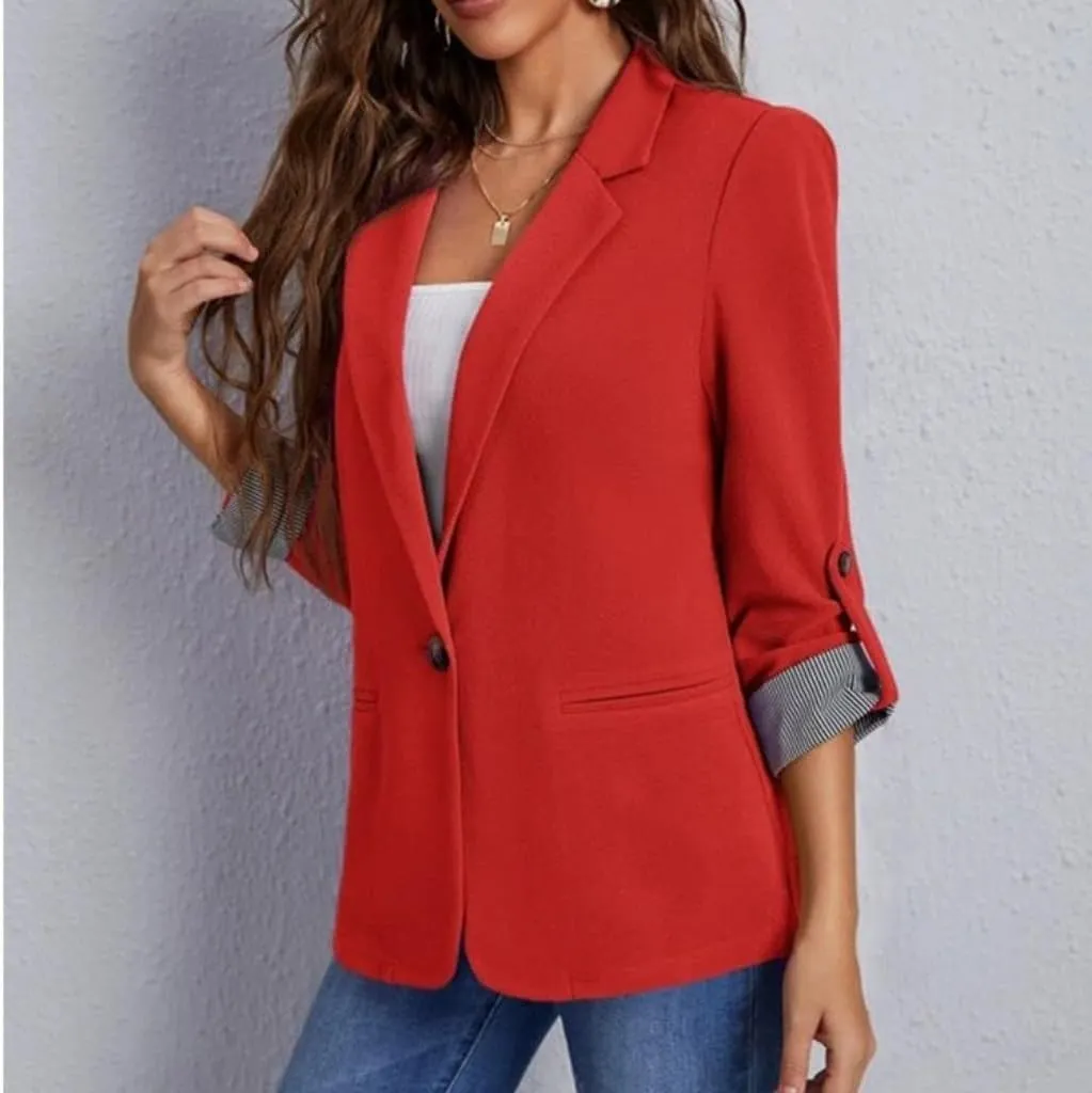 Womens Casual Comfy Blazers 3/4 Sleeve Lapel Button Slim Fit Work Office Blazer Jacket Open Front Lightweight Lounge Suit
