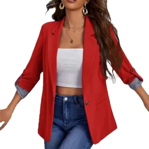 Womens Casual Comfy Blazers 3/4 Sleeve Lapel Button Slim Fit Work Office Blazer Jacket Open Front Lightweight Lounge Suit