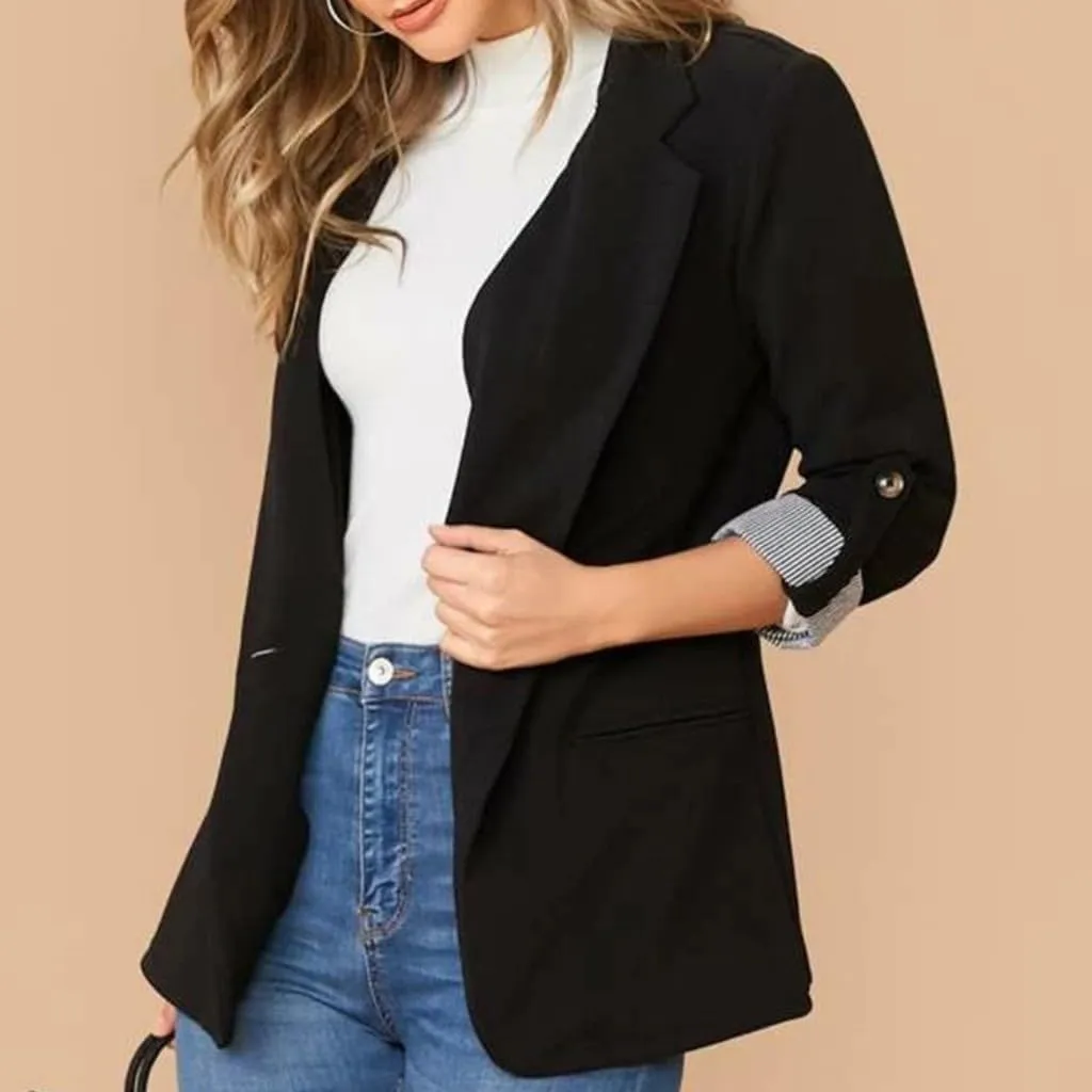 Womens Casual Comfy Blazers 3/4 Sleeve Lapel Button Slim Fit Work Office Blazer Jacket Open Front Lightweight Lounge Suit
