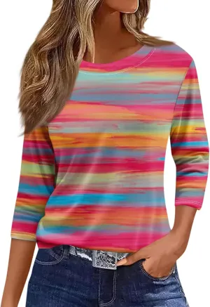 Women's Casual Crew-Neck 3/4 Sleeve Floral Print Loose Blouse Top for Spring Summer Fashion Outfit 2025