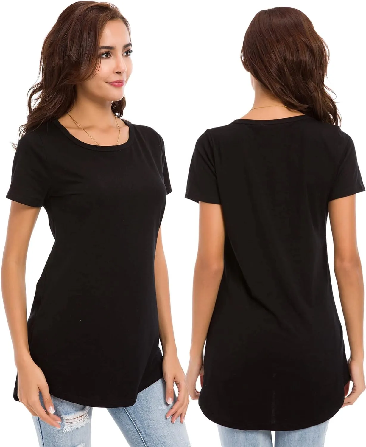 Women's Cotton Fitted Long Length T Shirts Short Sleeve Basic Comfy Tunic Tee Tops